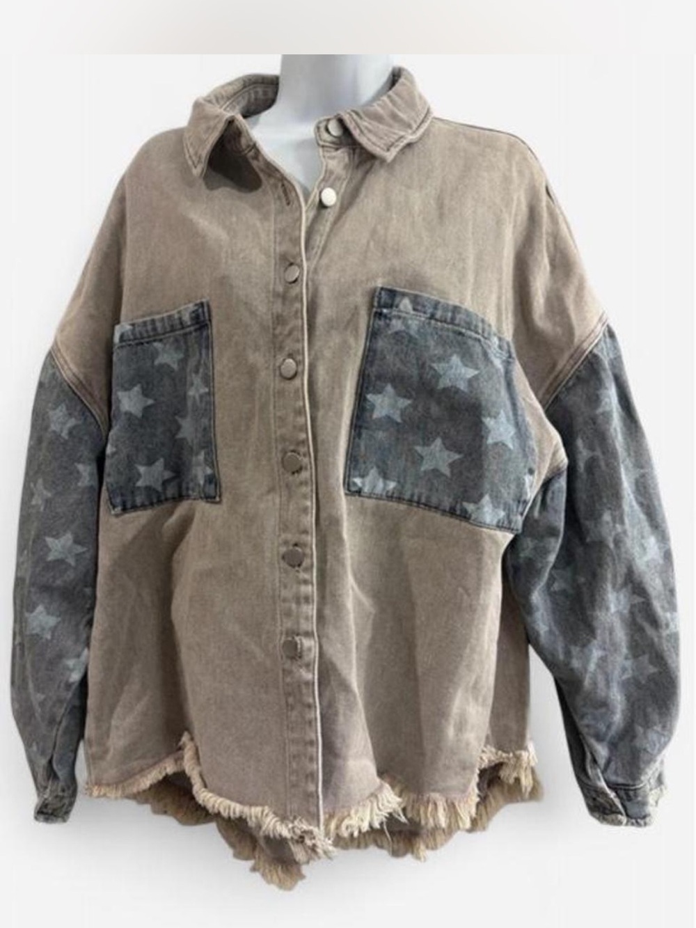 POL Star-Print Two-Tone Shacket/Jacket - Taupe & Gray